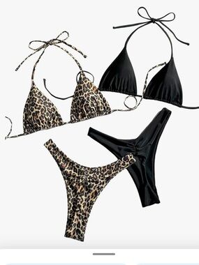 NWT 2 Pack Leopard Print Bikini Sets Halter Triangle Top Brazilian Bottom Medium